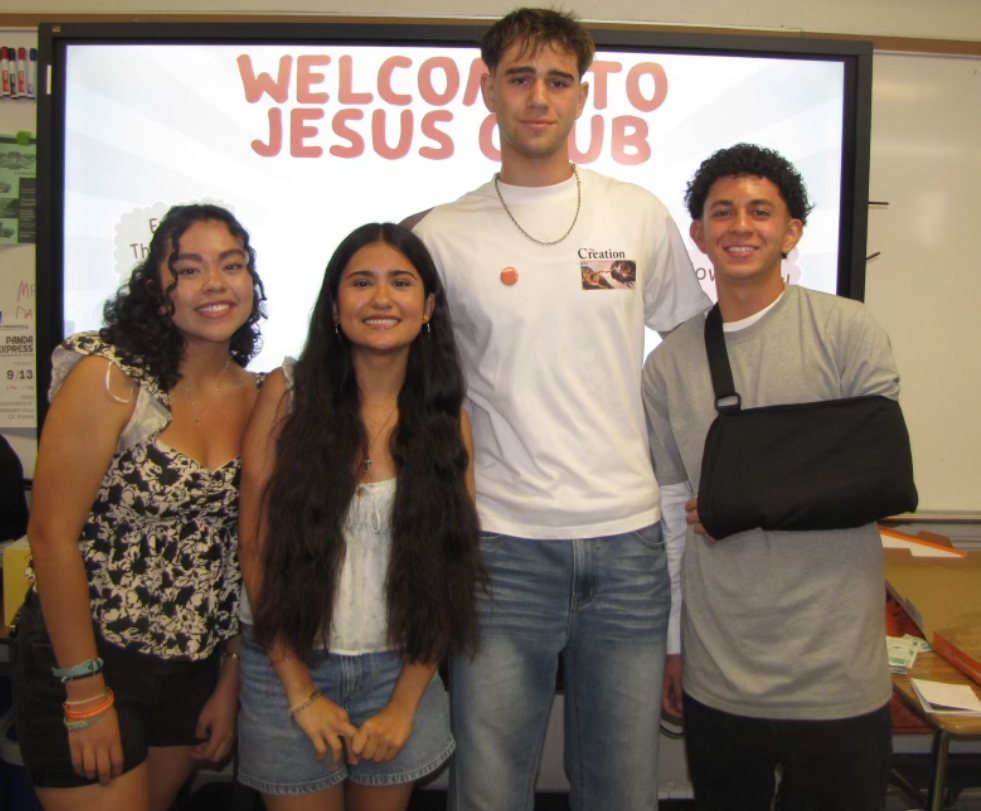 Cassandra Hernandez, Camila Alarcon, Isaiah Tejada and Pogos Muradian, create a new religious club, The Jesus Club at Kennedy, in Duncan Scrymgeour’s classroom, C101, on Thursdays. 